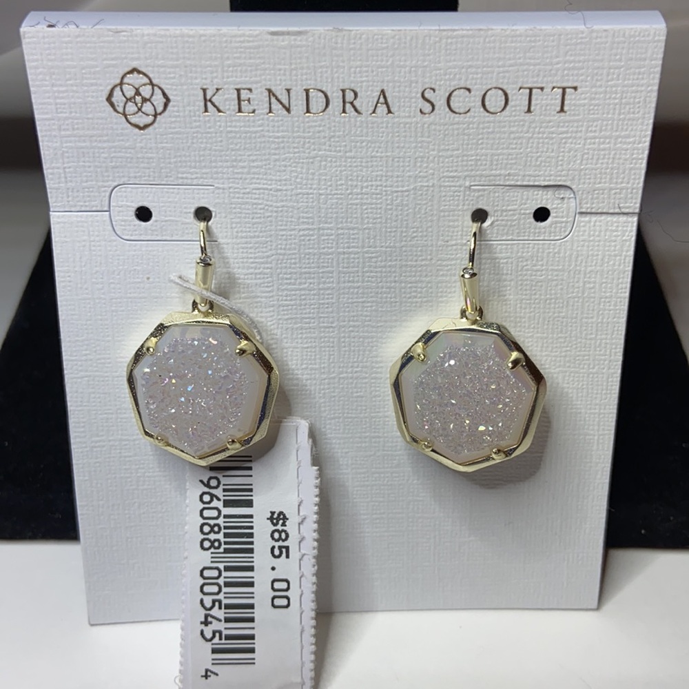 ❤️Kendra Scott-Cynthia-Gold Plated-White/Iridescent-Druzy Stone-Drop Earrings❤️